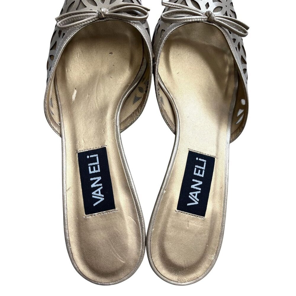 VAN ELi Gold Leather Kitten Heel Mules Size 8 Pointed Toe Slip On Italy - Picture 8 of 10